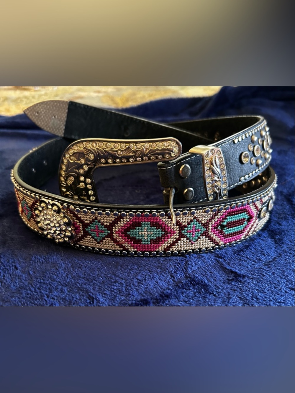 Black Western Embroidered Leather Belt with Pink & Teal Accents